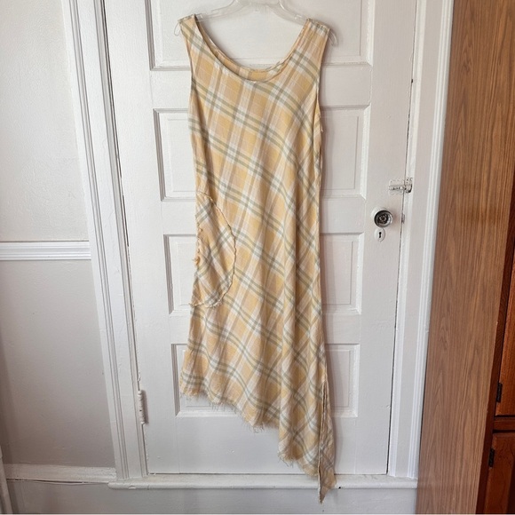 Linen Blend Sundress Yellow Plaid Asymmetrical Frayed Hem Boho Academia Maxi - Picture 3 of 17